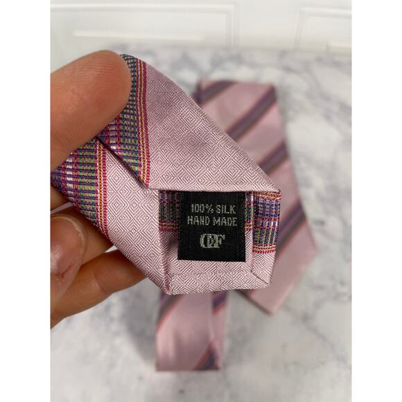 Daniel De Fasson, Pink Striped 100% Silk Tie, Handmade, Diagonal Striped, Flaw - Picture 2 of 6